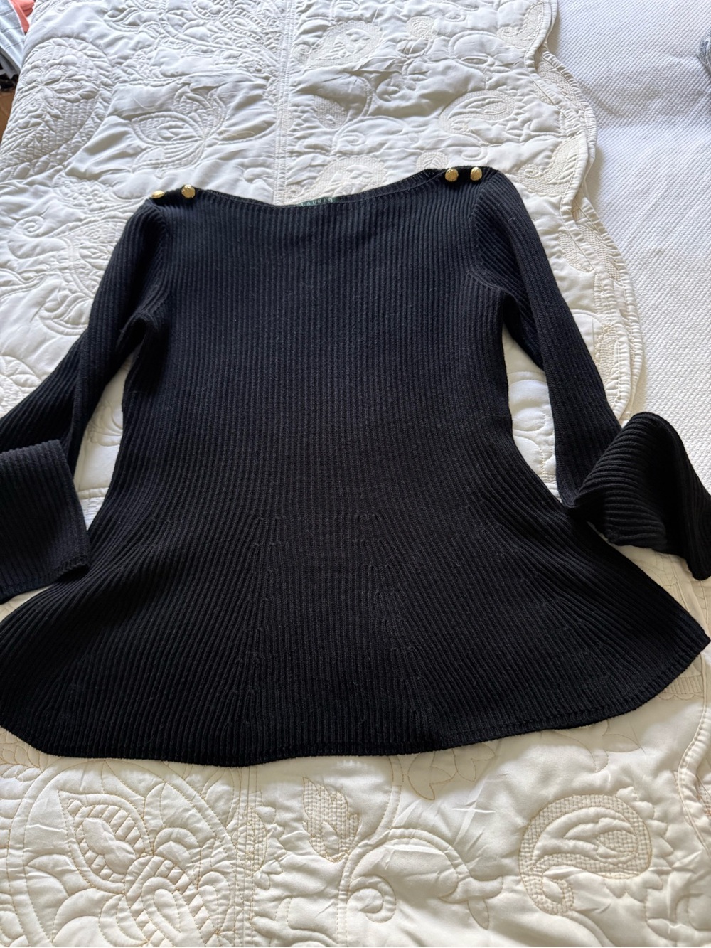 Ralph Lauren Black Ribbed Boatneck Sweater with Gold Buttons A-line